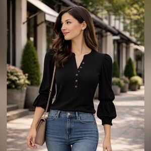 Veronica Beard Effy Puff Sleeve Top Black Ribbed Designer Blouse Size M